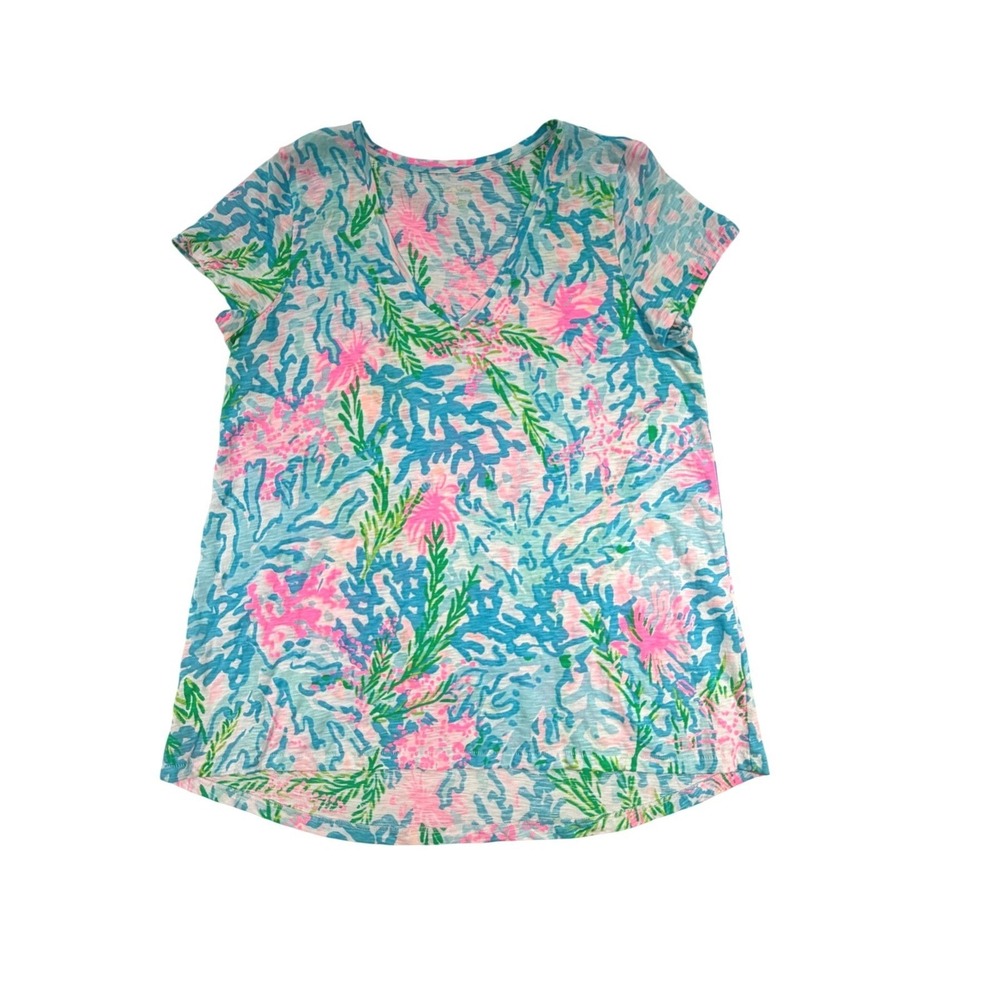 Lilly Pulitzer Etta V Neck Top Tee Medium Blue Pink Short Sleeve Cotton